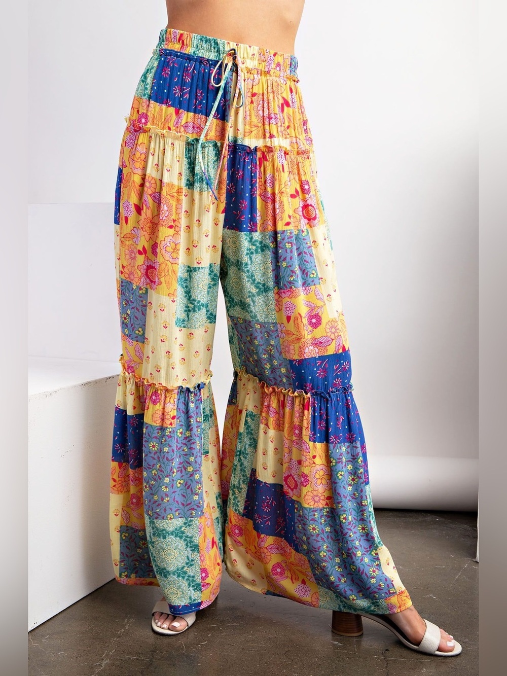 Easel Boho Patchwork Floral Tiered Wide Leg Palazzo Pants Lemon Blue Small